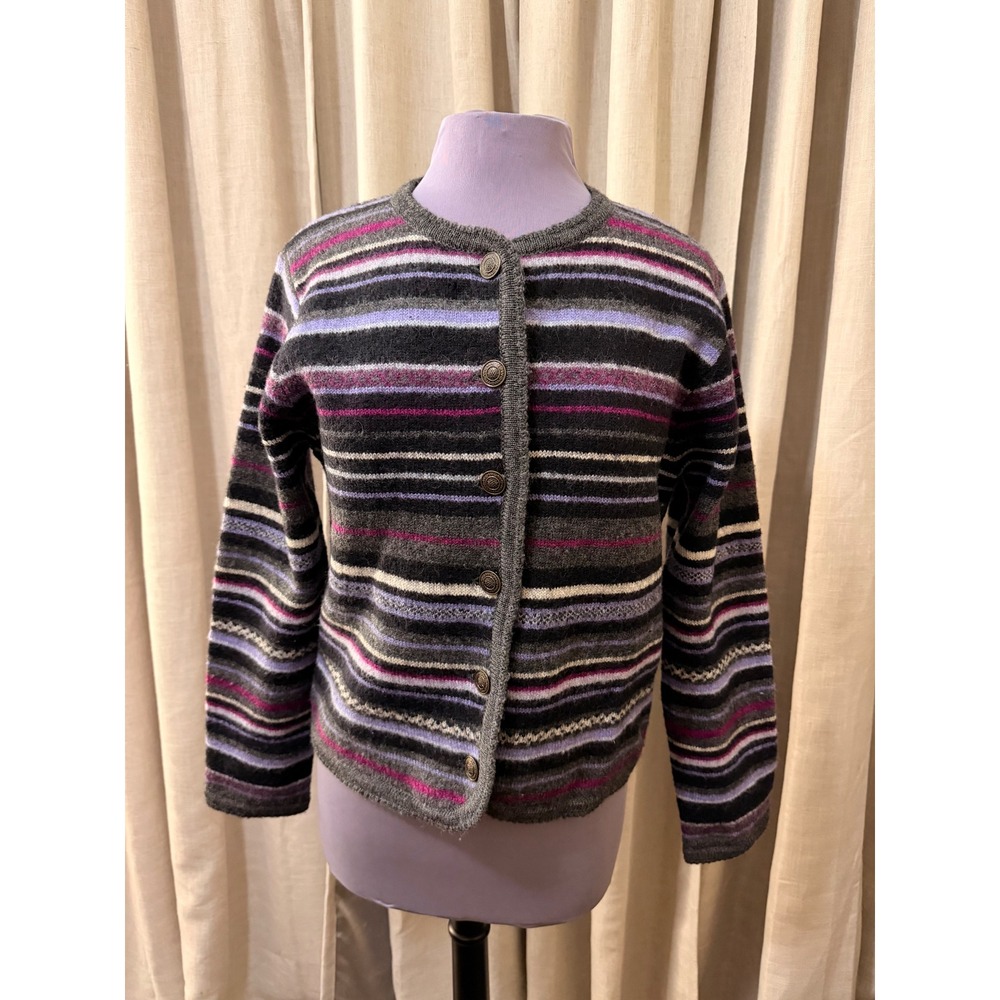 Tally-Ho Womens Wool Striped Cardigan Medium Purple Grey Grandmacore Academia